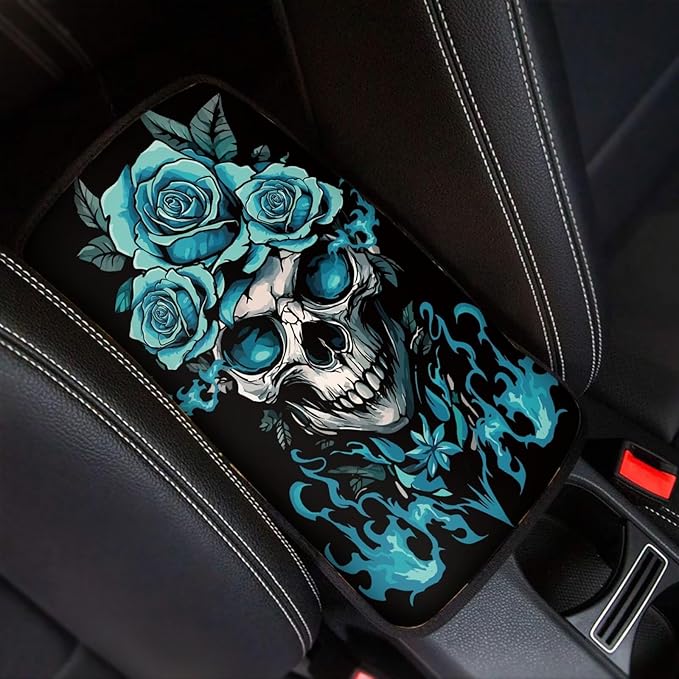 Dreaweet Teal Rose and Skull Center Console Cover Halloween Car Accessories for Women Interior Soft Comfort Vehicle Center Console Armrest Cover Pad Universal Fit Most Cars SUV Sedan