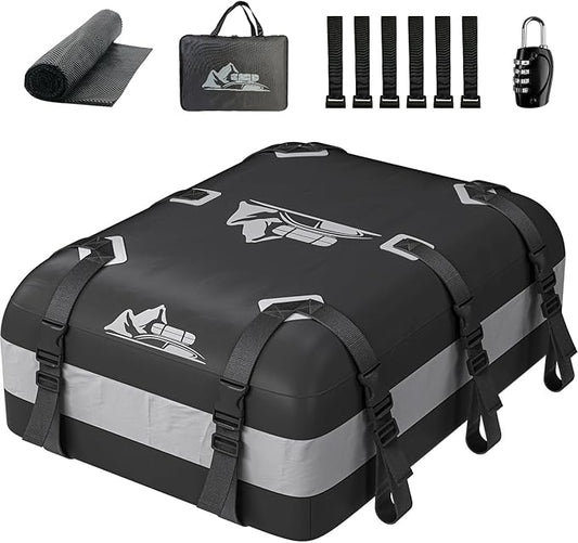 Car Rooftop Cargo Carrier Bag 20 Cubic Feet, 100% Waterproof Heavy Duty Car Roof Bag for All Vehicle with/Without Racks - Anti-Slip Mat, 6 Door Hooks, Storage Bags, 5CM Straps(Gray)
