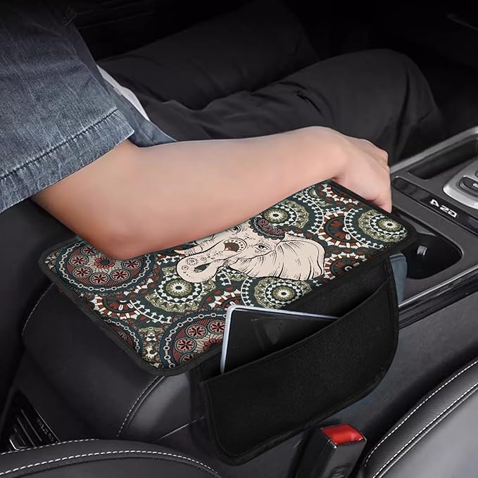 Boho Mandala and Elephant Print Center Console Covers for Cars Lightweight Armrest Cover for Car Washable Car Armrest Cushion Universal for Most Vehicle SUV Truck