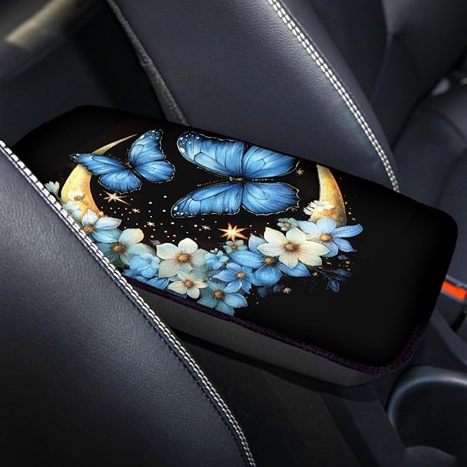 UNICEU Blue Flower Butterfly Armrest Cover Pad for Car Interior Set Soft Car Center Console Armrest Cushion Cover for Vehicle SUV Truck Car Butterfly Car Accessory for Women