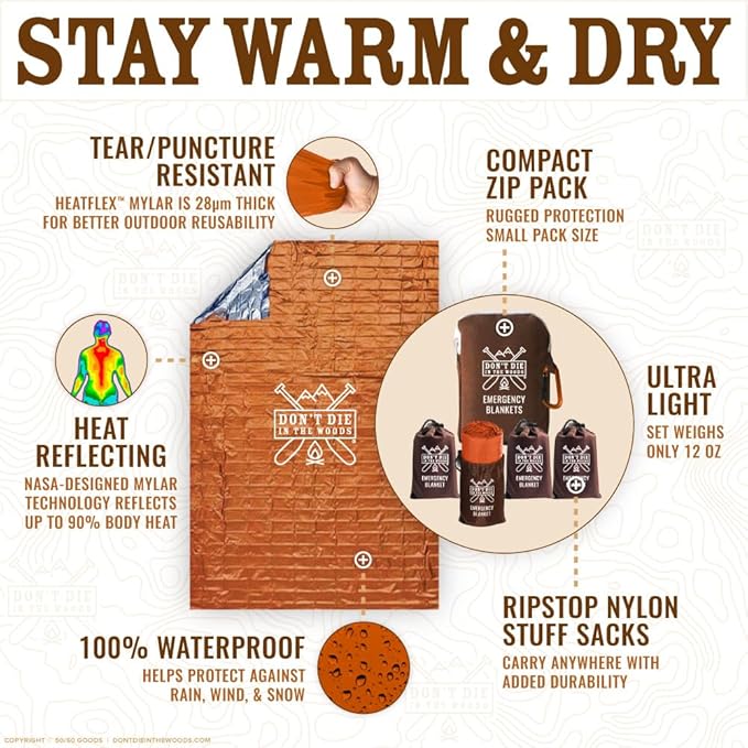 Don't Die In The Woods - World’s Toughest Emergency Blankets [4-Pack] Extra Thick Thermal Mylar Space Blanket - One of The Ten Essentials Outdoor Survival Gear Hiking Camping First Aid Kit (Orange)