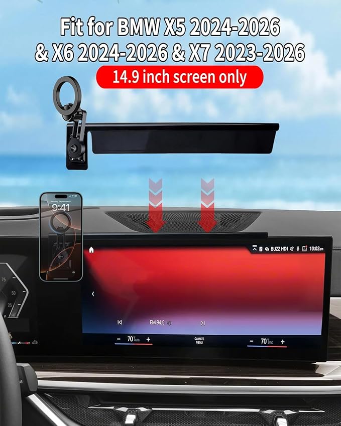 PZK Car Phone Mount for 2024-2026 BMW X5 /BMW X6 /2023 2024 2025 2026 BMW X7 Accessories Custom 14.9-inch Screen Magnetic 15W Fast Wireless Charger Car Phone Holder with 360° Rotating Extension Rod