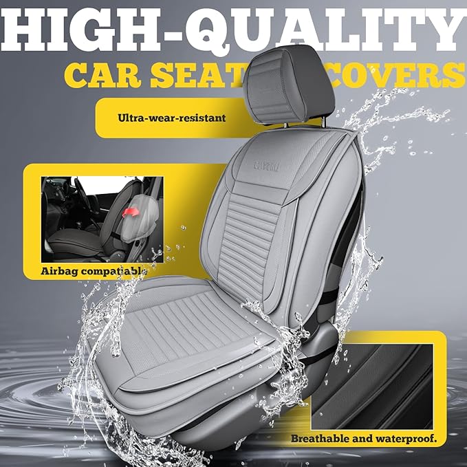 LINGVIDO Front Car Seat Covers, Faux Nappa Leather, Airbag Compatible and Waterproof Protectors for Sedans SUVs, Breathable Anti-Slip Interior for Commuters and Rideshare, Gray