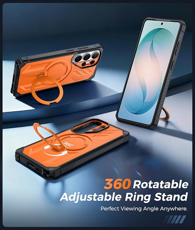 FNTCASE for Samsung Galaxy S26-Ultra Case: [360 Spin Magnetic Ring Kickstand] [Compatible for MagSafe] [Screen Protector] Heavy Duty Military Grade Protection Protective Phone Case with Stand Orange