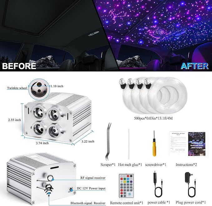 4 Colors 32W Twinkle Car Starlight Headliner Kit 500pcs*0.03in*13.1ft with APP&RF Remote, RGBW Fiber Optic Strands Star Roof Lights,4 Port Engine Sound Activated Ceiling Star Lights for Home/Car Decor