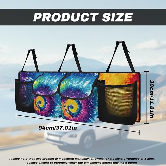 Rainbow Tie Dye Print Large Capacity Trunk Organizer Car Hanging Cargo Storage Bag, 4 Compartments, Multi-color