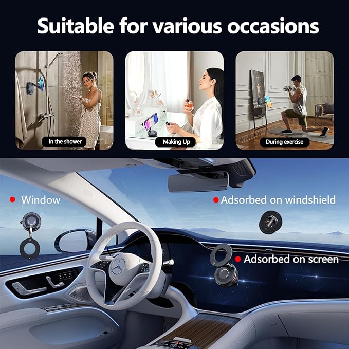YHNNH Vacuum Magnetic Phone Holder for Car, 360° Foldable Phone Mount with Strong Suction, Magnetic Car Phone Holder Compatible with iPhone 12-16 Series & Android (Black)