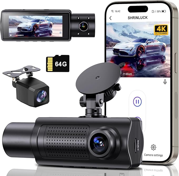 4K+1080P+1080P 5.8GHz WiFi Dash Cam Front and Rear Inside, Free 64G SD Card, 4K UHD 3 Channel Dash Camera for Cars, 360° All Sides Dashcam, G-Sensor, Night Vision, WDR, 24H Parking Monitor