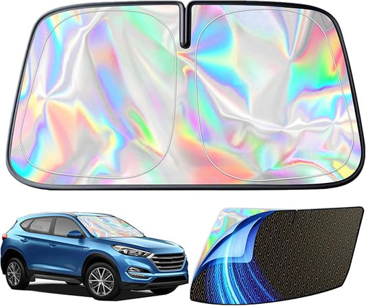 Foldable Sun Shade for Car Windshield Sunshade with Memory Steel Ring (Iridescent, L(58 * 31Inch)