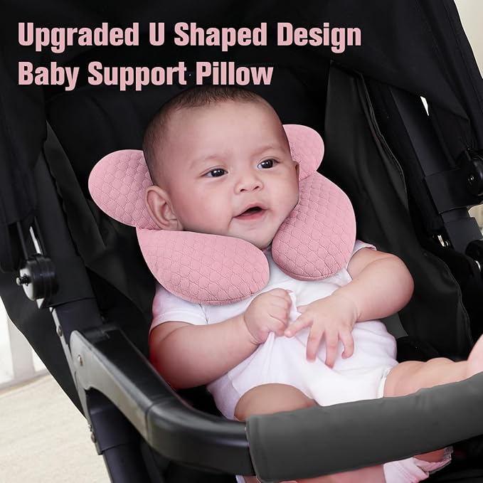 KAKIBLIN Baby Travel Pillow, Upgraded Baby Neck Pillows for Car Seat, Infant Neck Support Pillow for Head and Neck,Newborn Head Support for Car Seat, Stroller, Pushchair (Pink)
