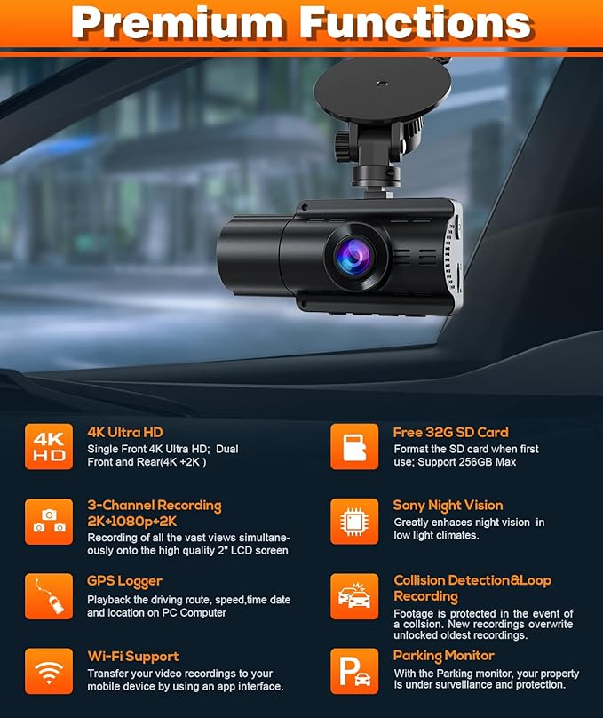 Moplasz Dash Cam Front Rear, 4K Full HD Dash Camera for Cars, Included 32GB Card, 3 Channel Dashcam Built-in Wi-Fi GPS, Night Vision, WDR, 24H Parking Mode (2160p Dash)