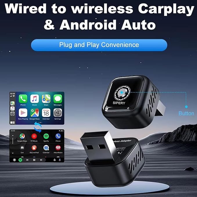 Wireless Carplay Adapter 2in1, 2026 Upgrade Wired to Wireless for CarPlay/Android Auto, WiFi 6 Mini Plug & Play, USB/Type C, Smart Button Dongle Auto-Connect for iPhone iOS 10+ Android 11+