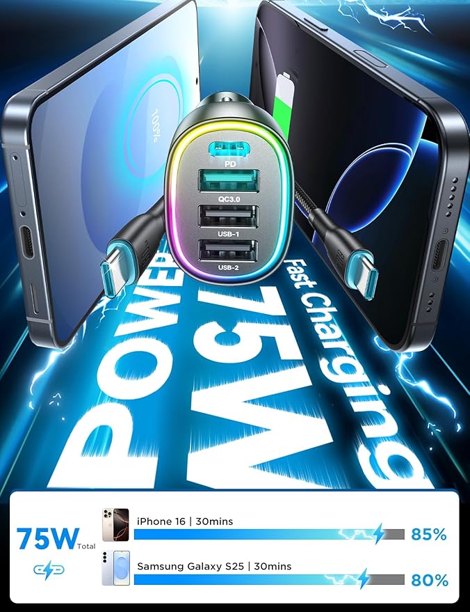 75W Car Charger USB C, 4 Port Super Fast Cigarette Lighter USB Charger, Type C 60W & QC 3.0 Multiport Car Phone Adapter Accessories for iPhone 17/16/15/14 Samsung S26 Series with 3.3ft 60W USB C Cable
