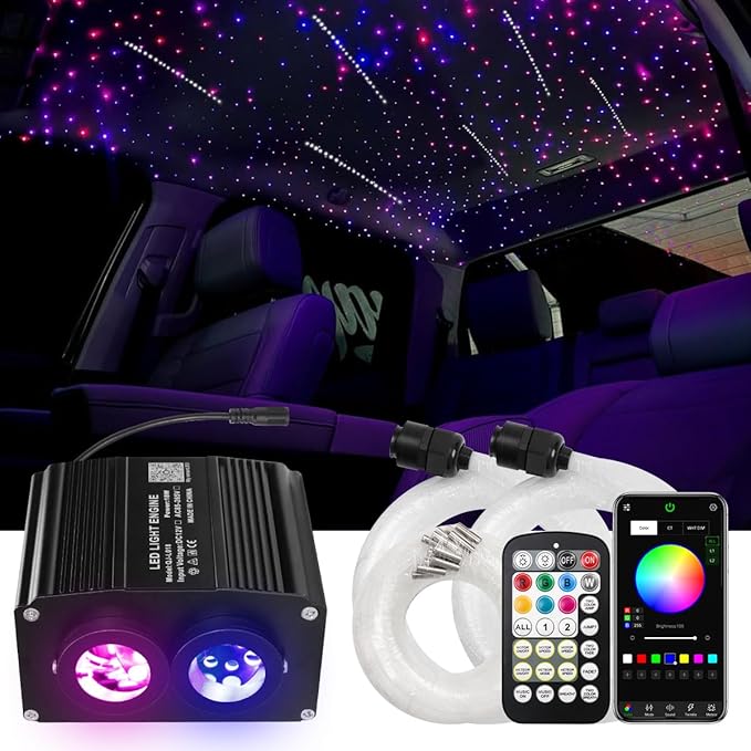 AMKI Dual Color 18W Twinkle&Meteor Starlight Headliner Kit 1000pcs 0.03in 9.8ft+240pcs Pure White Shooting Star,Updated 2 in 1 Starlight Box RGBW Sound Activated Mode for Car Home Decor
