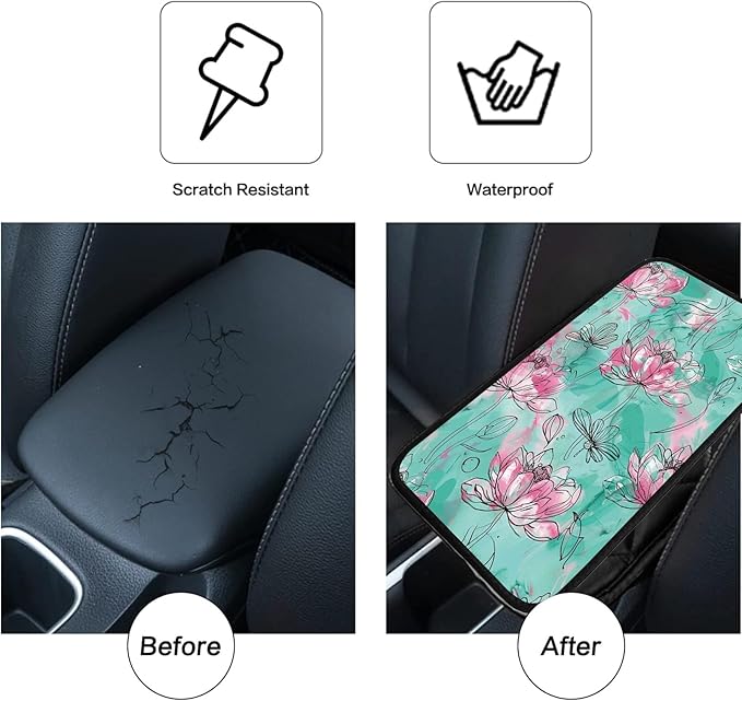 Car Armrest Cover Pads Universal Fashion Cute Auto Center Console Armrest Cover Pad with 2PCS Car Coasters Soft Waterproof Car Armrest Seat Protector for Women, Watercolor Pink Lotus