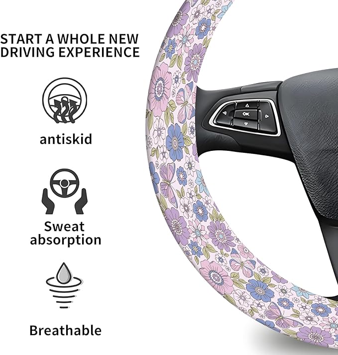 Elastic Car Steering Wheel Cover, Universal 15 inch Non-Slip Breathable Neoprene Steering Wheel Protector, Car Accessories for Women Men Fit Auto, Suvs, Truck Purple Flowers