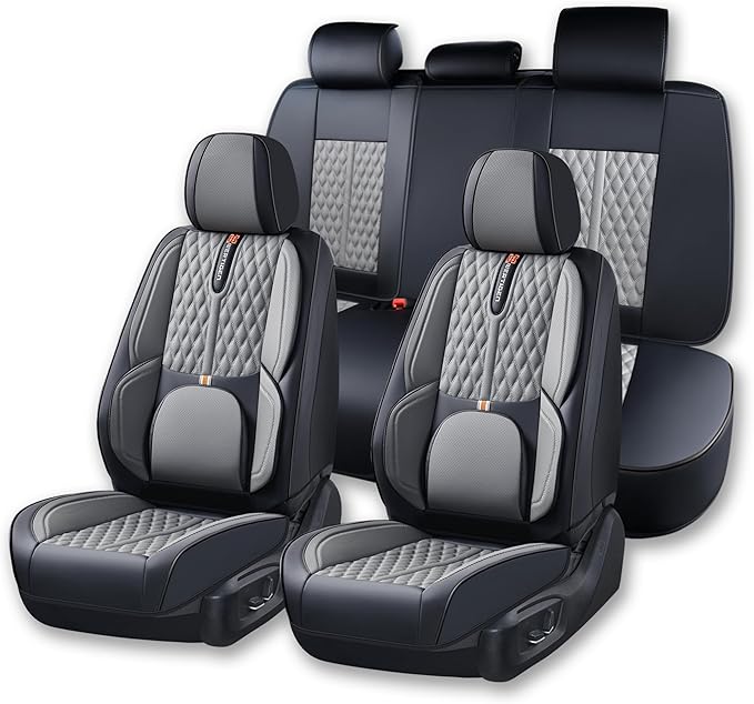 Car Seat Cover Full Set, Universal Car Seat Cover for Cars, Black and Gray, with Lumbar Support, Premium Artificial Leather, Waterproof and Easy to Clean, Airbag Compatible