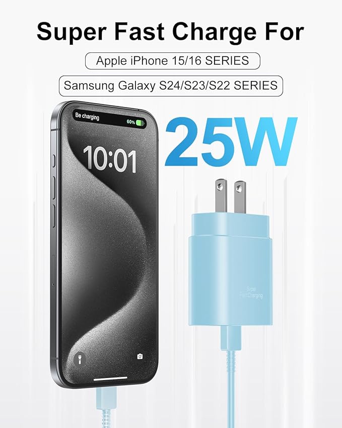 Type C Charger Fast Charging, 2Pack [10FT&6FT] Long USB C Cable with 25W Phone Super Fast Charger Block Compatible with Galaxy S25/S24/Plus/Ultra,iPhone 15/16/17/Air/Plus/Pro Max