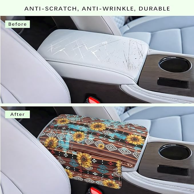 Wanyint Aztec Sunflower Brown Car Center Console Cover Soft Non-Slip Armrest Cover Lid for Car Side Storage Box with 4 Storage Bags Car Interior Decor Accessories for Women Men