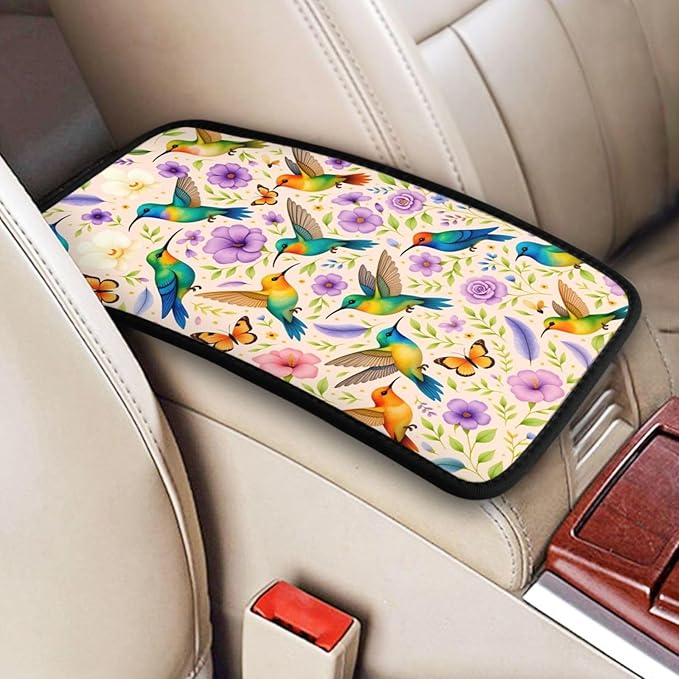 Hummingbird Floral Car Handrail Box Cushion Armrest Cover Auto Center Console Pad Car Decor 12.6X7.5 in