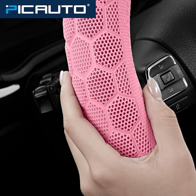 PIC AUTO Massage Steering Wheel Cover, Pink Football Pattern Material Spliced & Pink Leather Car Steering Wheel Cover, Car Steering Cover, Universal Fit 14.5"-15.5" for Cars, Trucks, Van, SUVs