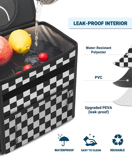 Capolo Car Trash Can with Lid, Leakproof Car Trash Bag Hanging Waterproof Automotive Garbage Can with Storage Pockets Mini Vehicle Trash Bin for Back/Front Seat(Black Checkerboard,2.5 Gallon)
