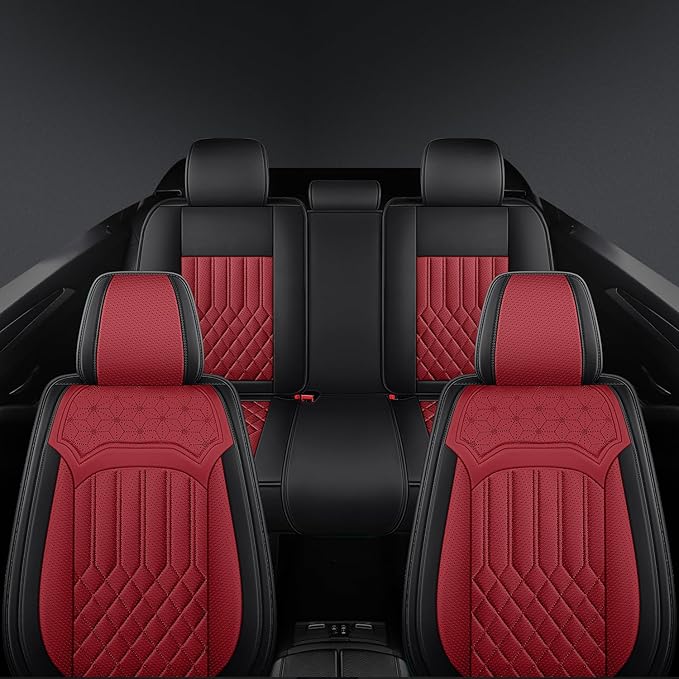 Car Seat Covers for Genesis GV70 2022-2025 2026, Full Set Nappa Leather Waterproof Breathable Anti-Slip Airbag Compatible Car Seats Protector, Car Interior Seats Cover (Black+Red,+Pillow)
