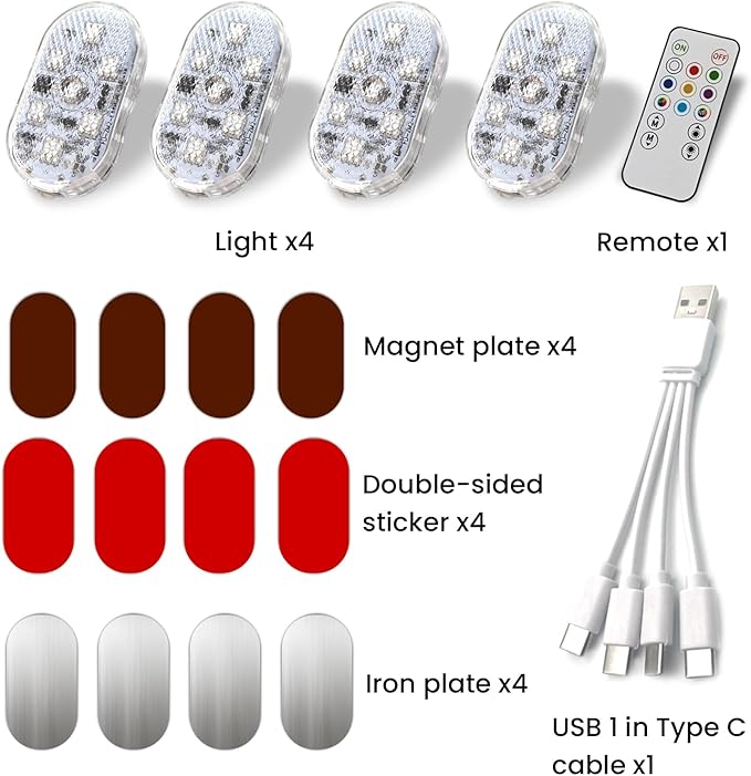 4PCS Wireless Car Led Ambient Lights, 7 Colors RGB Car Interior Light with Remote & Touch Control, Magnetic Rechargeable Type-C Mini LED Light for Cars, Cabinet, Wardrobe