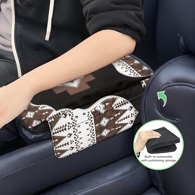 Wanyint Southwest Aztec Black Brown Car Center Console Cover Comfortable Armrest Storage Box Mat Anti-Scratch Middle Console Cover Protective Cover Universal Fit Most Vehicle, SUV, Truck
