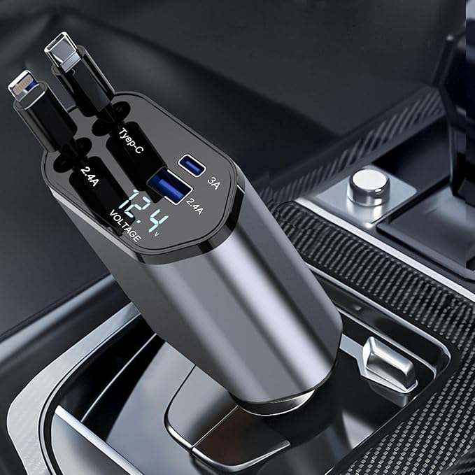 Crazytree Retractable Car Charger, 4 in 1 Fast Car Phone Charger 100W with Cord 2.6ft, Retractable Cable and 2 USB Ports Car Charger Adapter for iPhone 15 14 13 12 Pro Max, Galaxy S23