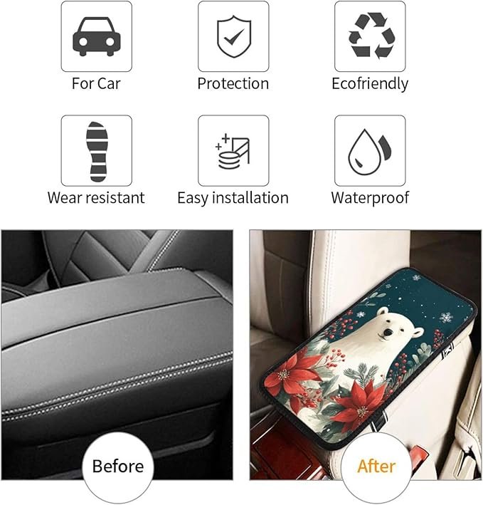 Universal Car Center Console Cushion Pad, Cute Polar Bear Soft Waterproof Car Center Console Cover Auto Armrest Seat Box Cover Protector for Most Vehicle SUV Truck Car