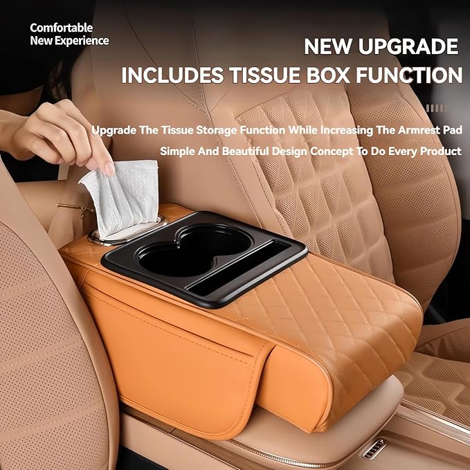 Multifunctional PU Leather Car Armrest Box Mat, 5-in-1 Multifunctional Car Armrest Cushion, Center Console Cover with 2 Cup Holder, For Storing Tissues,Phones,Wallets,Drinks,for Most Cars (Black-B)