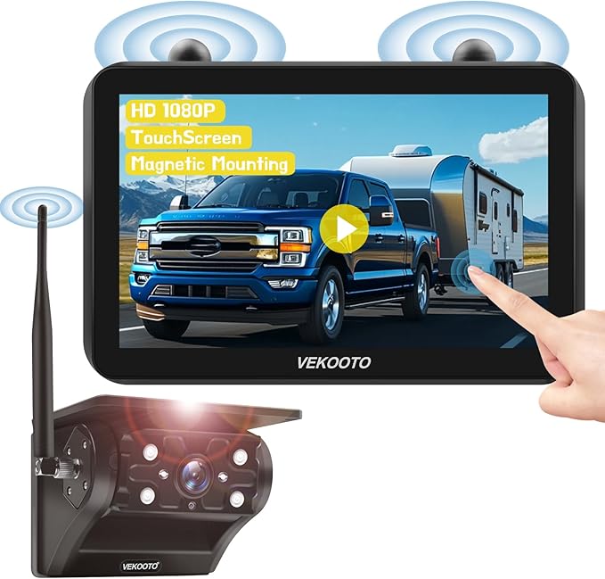 VEKOOTO VK7 Magnetic Solar Wireless Backup Camera, 7'' IPS Touchscreen Monitor HD1080P No Wiring 15,000mAh Rechargeable Camera System for Hitching Gooseneck Horse Trailer RV Camper Car Truck
