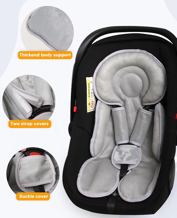 Infant Car Seat Insert for Newborn Girls Boys, 3 in 1 Reversible Cushion for Carseat with Strap Pads Buckle Cover Extra Soft Carseat Support Pad for All Season, Grey