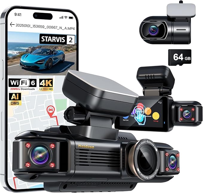 N300Pro 4K 4 Channel Dash Cam Front and Rear, STARVIS 2 Sensor, 3" Touch Screen, 5.8GHz WiFi GPS, 360° Car Dash Camera, AI Driver Monitor System, Free 64GB Card, WDR Night Vision HDR, 24H Parking Mode