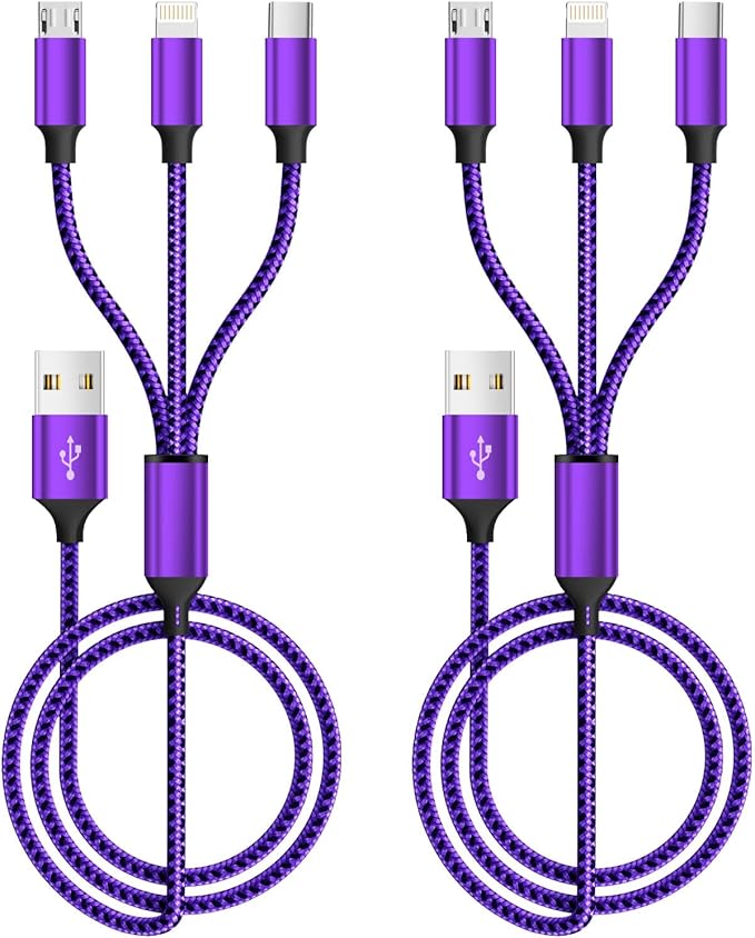 Multi Charging Cable [2Pack 4FT], 3 in 1 Charging Cable USB-A Multi Charger Cable, Braided Multiple Charger Cord with Type-C, Micro USB and IP Port for iPhone 16/15 Series/Cell Phones and More-Purple