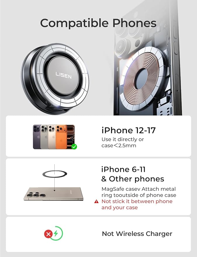 LISEN for Magsafe Car Mount [All Metal Super Strong Suction] 360 Adjustable Vacuum Magnetic Phone Holder for Car, Suction Cup Phone Mount for iPhone 17 Pro Max 16 15 14 13 12