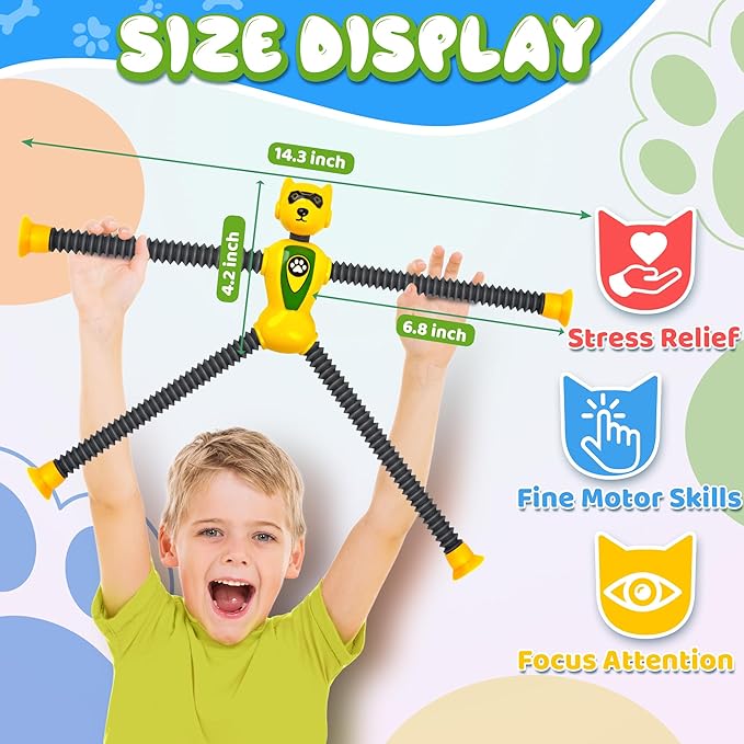 4PC Robot Dog Sensory Pop Tube Travel Toys for Boys Toddler Kid Airplane Car Toy Activities Autistic Road Trip Suction Tube for Boy 3 - 8 ADHD Autism Easter Basket Stuffers Valentine Gift