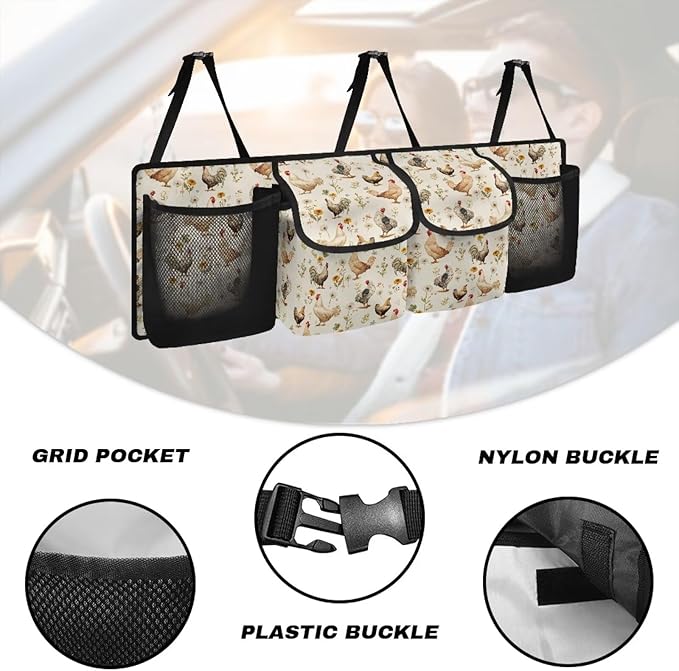 Car Trunk Organizer Bag, Foldable Thanksgiving Rooster Car Back Seat Storage Bag with 4 Pockets Car Interior Accessories for SUV MPV Sedans Pickup Jeep Trucks