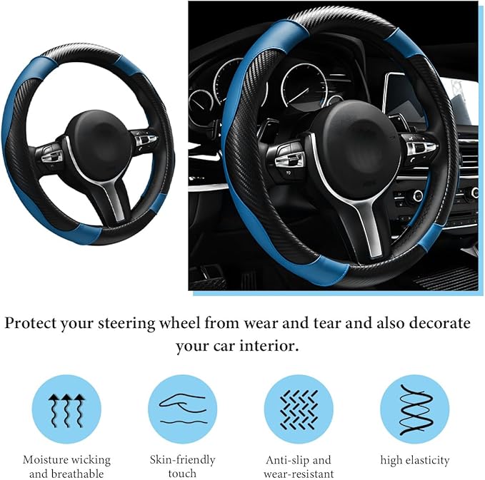 Car Steering Wheel Cover, 15 Inch Anti-Slip Stretch Leather Steering Wheel Protector, Comfortable Breathable Sporty Steering Wheel Cover for Women Men, Car Accessories (Black & Blue)