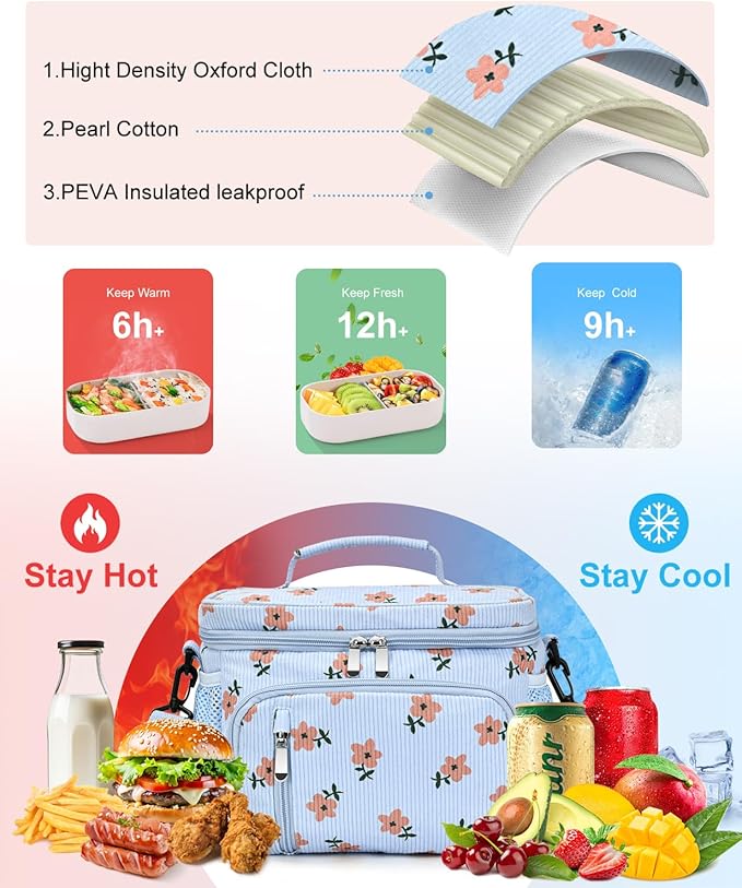 Insulated Lunch Bag for Men & Women, 9L Leakproof Lunch Box Soft Cooler Tote with 5 Pockets, 600D Oxford, EVA Lining, Adjustable Strap for Work, Picnic, Beach&Travel-Corduroy Pink Flower
