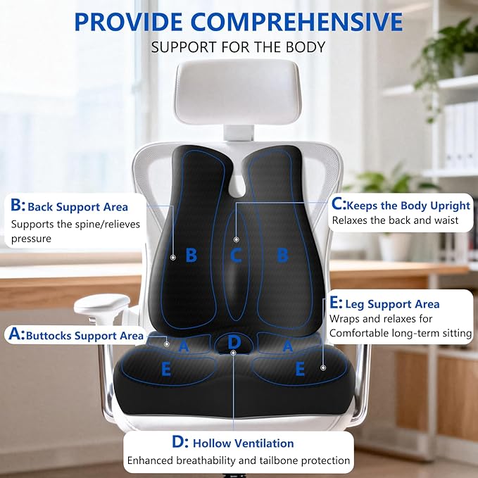 Lumbar Support Pillow for Office Chair,Seat Cushion with Back Support,Office Chair Cushion for Tailbone Pain,Sciatica and Hemorrhoid Relief (Black)
