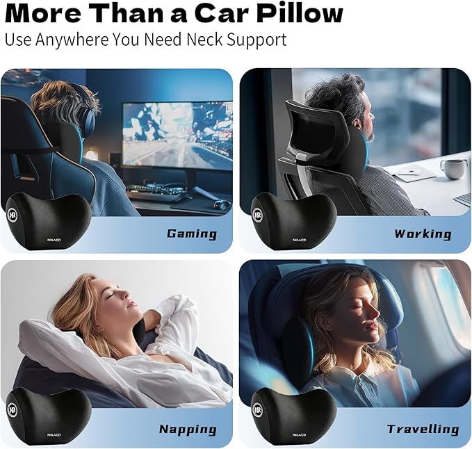 Car Neck Pillow & Headrest Support for Driving - Memory Foam Neck Support Pillow with Adjustable Strap & Removable Cover, Office Chair, Travel Essentials - 2 Pack (Black)