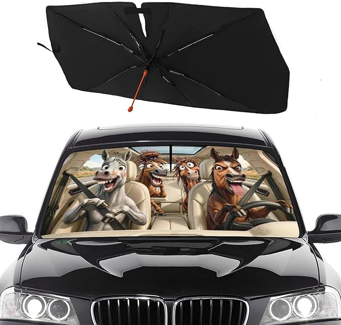 Socira Funny Horse Car Windshield Sun Shade Umbrella Foldable Sunshade for Front Window Auto Windshield Sunshade Covers Horse Car Accessories Protect from Sun Rays Heat Gifts 57'' X 30''