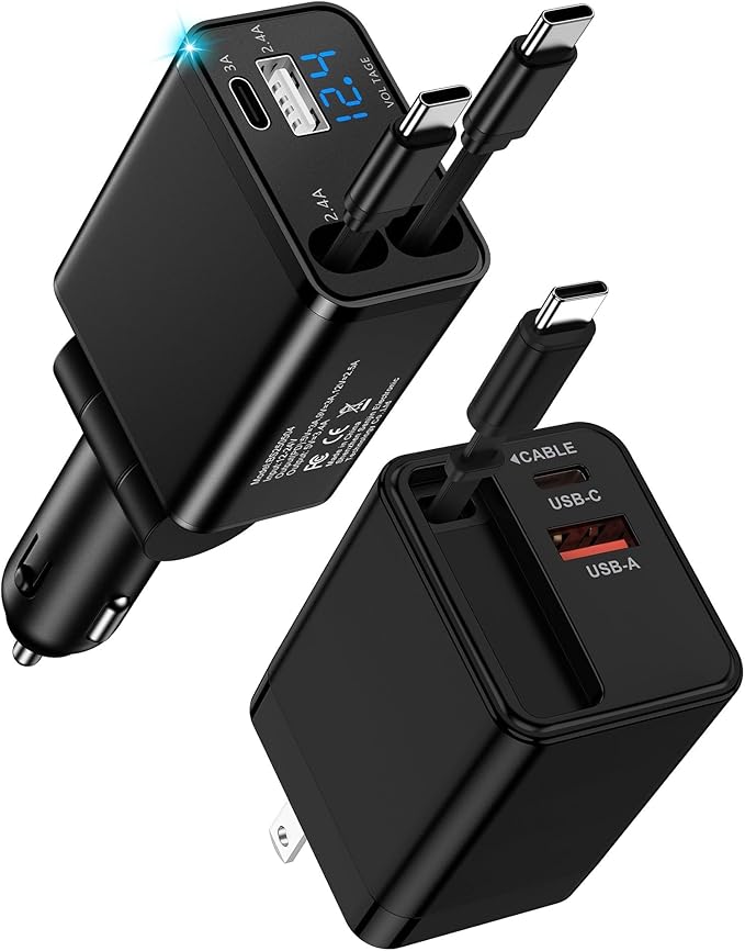 Retractable Car Charger USB-C for Samsung Galaxy S26 Ultra S26+ S25 S24 Apple iPhone 17e 17 Pro Max 16 Air, 47W Fast Car Charger Adapter + 35W Foldable Wall Plug - USB C Charging with Built-in Cables