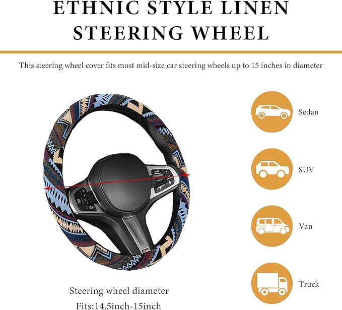 Boho Steering Wheel Cover, 15 Inch Coarse Flax Cloth Ethnic Style Anti-Slip Car Wheel Wrap, Universal Breathable Bohemian Steering Wheel Protector for Cars Vans Trucks (H)