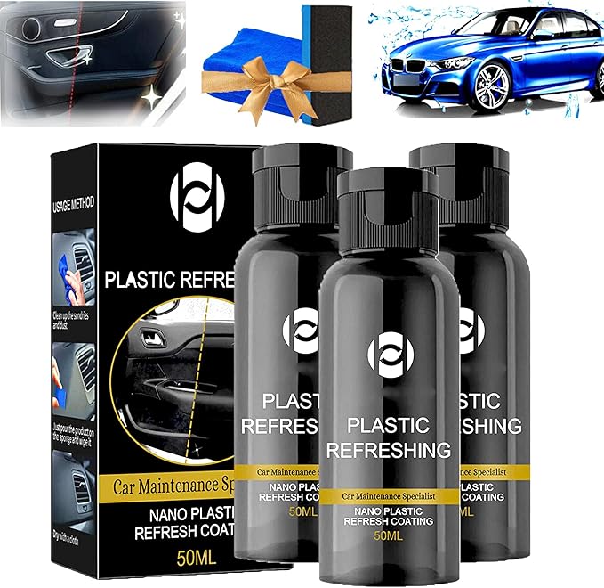 RJDJ Plastic Restorer for Cars, Trim & Exterior – Plastic Revitalizing Coating Agent, Restores Faded Plastic, UV Protection, Car Shine Refurbishing Solution (50ml-3pcs)