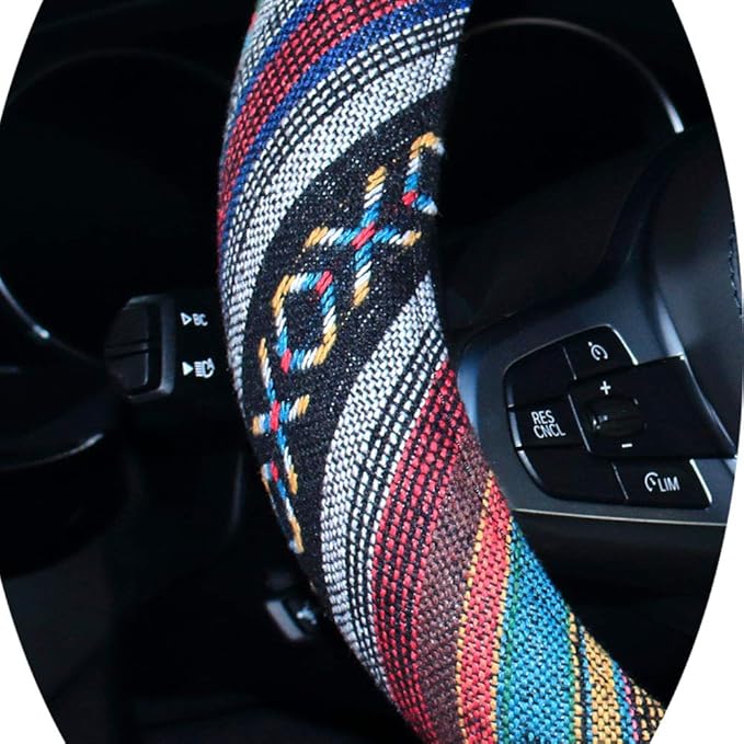 SHIAWASENA Car Steering Wheel Cover, Coarse Flax Cloth, Ethnic Style, Universal 15 Inch Fit, Anti-Slip Sweat-Absorbent (D#)