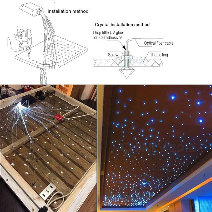 CHINLY Starlight 32w Twinkle 710pcs 13.1ft (0.03in+0.04in+0.06in+0.08in) Bluetooth RGBW LED Fiber Optic Star Ceiling Light,APP/Remote +Adapter+Cigarette Lighter+10 Crystals,for Headliner/Ceiling