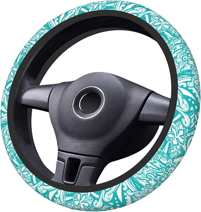 Hawaiian Teal Tribal Turtles Car Steering Wheel Cover for Women Men Stretch Cloth Anti-Slip Wrap Protector Case Fit Universal Auto Accessories Decor Sweat Absorption 14-15 Inch